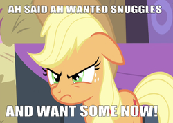 Size: 667x474 | Tagged: safe, edit, edited screencap, editor:undeadponysoldier, screencap, applejack, earth pony, pony, g4, accent, adorable face, angry, applejack's hat, bronybait, cowboy hat, cute, demanding, demanding snuggles, female, freckles, hat, mare, meme, snuggles?