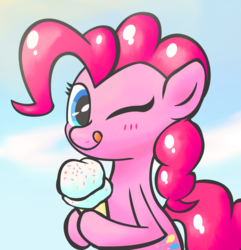 Size: 713x741 | Tagged: safe, artist:metax-z, pinkie pie, earth pony, pony, g4, blushing, cute, diapinkes, female, food, hoof hold, ice cream, one eye closed, solo, tongue out