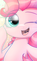Size: 1440x2368 | Tagged: safe, artist:phoenixrk49, pinkie pie, earth pony, pony, g4, blushing, bust, chest fluff, close-up, cute, diapinkes, eye clipping through hair, female, happy, looking at you, one eye closed, open mouth, simple background, smiling, solo, wink, winking at you