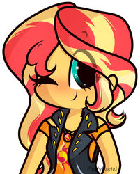 Size: 1024x1274 | Tagged: safe, artist:fluffy-pastel, sunset shimmer, equestria girls, g4, clothes, cute, cutie mark on clothes, eye clipping through hair, female, geode of empathy, leather vest, magical geodes, no nose, one eye closed, shimmerbetes, shirt, signature, simple background, smiling, solo, white background, wink