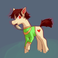 Size: 1920x1920 | Tagged: safe, artist:php93, earth pony, pony, aura, chara, jumper, knife, mouth hold, ponified, solo, undertale