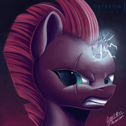 Size: 2000x2000 | Tagged: safe, artist:theunconsistentone, fizzlepop berrytwist, tempest shadow, pony, unicorn, g4, my little pony: the movie, broken horn, bust, electricity magic, eye scar, female, head only, high res, horn, lightning, looking at you, magic, portrait, scar, signature, solo