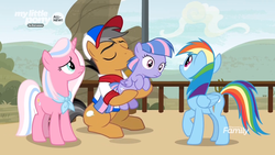 Size: 1920x1080 | Tagged: safe, screencap, clear sky, quibble pants, rainbow dash, wind sprint, earth pony, pegasus, pony, unicorn, common ground, g4, clothes, discovery family logo, eyes closed, female, filly, handkerchief, hat, male, mare, put me down, shirt, stallion, what are you doing