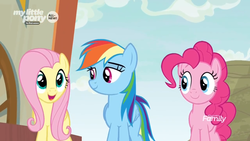 Size: 1366x768 | Tagged: safe, screencap, fluttershy, pinkie pie, rainbow dash, pony, common ground, g4, discovery family logo, outdoors, smiling