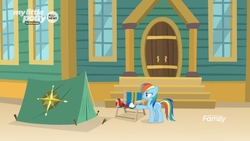 Size: 1366x768 | Tagged: safe, screencap, rainbow dash, pony, common ground, g4, building, camping, cap, chair, clothes, hat, museum, scarf, stairs, tent