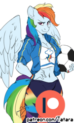 Size: 600x1000 | Tagged: safe, artist:tatara94, rainbow dash, anthro, g4, ball, belly button, clothes, cutie mark on clothes, equestria girls outfit, female, football, looking at you, midriff, patreon, patreon logo, simple background, solo, sports, white background, wristband