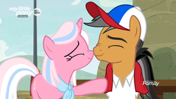 Size: 1366x768 | Tagged: safe, screencap, clear sky, quibble pants, earth pony, pony, unicorn, common ground, g4, cap, discovery family logo, duo, female, happy, hat, male, mare, nuzzling, ship:quibblesky, stallion, towel