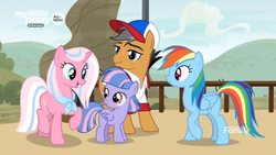 Size: 1366x768 | Tagged: safe, screencap, clear sky, quibble pants, rainbow dash, wind sprint, earth pony, pegasus, pony, unicorn, common ground, g4, cap, clothes, discovery family logo, female, filly, foal, group, hat, male, mare, my little pony logo, neckerchief, quartet, shirt, stallion, towel