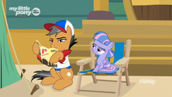 Size: 1366x768 | Tagged: safe, screencap, quibble pants, wind sprint, earth pony, pegasus, pony, common ground, g4, brochure, camping, chair, discovery family logo, museum, squint, stairs, tent, unimpressed