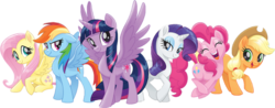 Size: 636x250 | Tagged: safe, artist:raccoonus-doodus, applejack, fluttershy, pinkie pie, rainbow dash, rarity, twilight sparkle, alicorn, earth pony, pegasus, pony, unicorn, g4, my little pony: the movie, applejack's hat, cardboard twilight, cowboy hat, eyes closed, female, hat, lidded eyes, looking at you, mane six, mare, open mouth, simple background, sitting, smiling, spread wings, stock vector, transparent background, twilight sparkle (alicorn), uvula, vector, wings