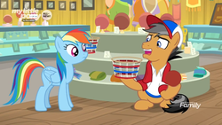 Size: 1366x768 | Tagged: safe, screencap, quibble pants, rainbow dash, earth pony, pegasus, pony, common ground, g4, ball, baseball cap, basket, cap, clothes, confused, discovery family logo, duo, female, glass case, hat, hoof hold, male, mare, museum, my little pony logo, picture frame, scarf, shirt, stallion, towel