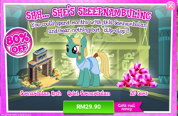 Size: 1049x686 | Tagged: safe, gameloft, iahjmehet, lunar bay, pony, g4, my little pony: magic princess, advertisement, costs real money, female, gem, introduction card, mare, play on words, somnambula resident