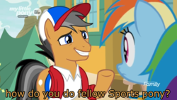 Size: 1366x768 | Tagged: safe, edit, edited screencap, screencap, quibble pants, rainbow dash, earth pony, pegasus, pony, common ground, g4, cap, caption, clothes, discovery family logo, fake smile, hat, how do you do fellow kids, image macro, shirt, smiling, text, towel