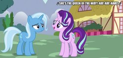 Size: 1024x483 | Tagged: safe, edit, edited screencap, screencap, starlight glimmer, trixie, pony, g4, a mermaid tale, barbie, caption, duo, image macro, singing, text, voice actor joke