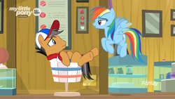 Size: 1366x768 | Tagged: safe, screencap, quibble pants, rainbow dash, earth pony, pegasus, pony, common ground, g4, baseball cap, basket, cap, discovery family logo, duo, female, flying, glass case, hat, male, mare, museum, my little pony logo, stallion, stuck
