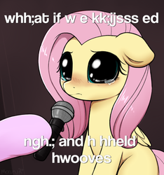 Size: 2655x2838 | Tagged: safe, artist:moozua, fluttershy, pegasus, pony, g4, big eyes, blushing, caption, crying, crying cat, cute, dilated pupils, engrish, female, floppy ears, high res, hoof hold, hooves, image macro, lewd, looking at you, mare, meme, microphone, offscreen character, ponified animal photo, ponified meme, sad, sadorable, shyabetes, solo focus, teary eyes, text