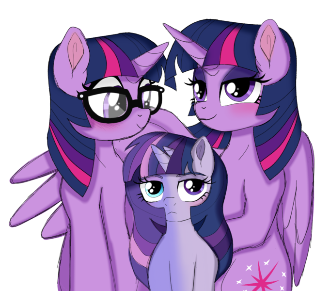 2031320 - safe, artist:unoriginai, sci-twi, twilight sparkle, oc, oc: twilight zone, alicorn, bicorn, unicorn, equestria girls, cloning,  equestria girls ponified, family, female, goddamnit unoriginai,  heterochromia, hug, lesbian, magical lesbian spawn ...