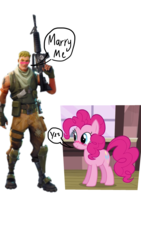 Size: 1500x2668 | Tagged: safe, edit, edited screencap, screencap, pinkie pie, earth pony, pony, g4, 1000 hours in ms paint, blushing, fortnite, gun, jonesy, op is a duck, shipping, simple background, weapon, white background, why