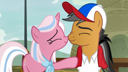Size: 1920x1080 | Tagged: safe, screencap, clear sky, quibble pants, earth pony, pony, unicorn, common ground, g4, baseball cap, boop, cap, clothes, cute, cute sky, duo, eyes closed, female, hat, male, mare, neckerchief, nose wrinkle, noseboop, nuzzling, scarf, ship:quibblesky, shipping, shirt, stallion, straight