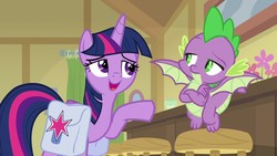 Size: 1280x720 | Tagged: safe, screencap, spike, twilight sparkle, alicorn, dragon, pony, g4, the point of no return, crossed arms, female, male, mare, saddle bag, smiling, toes, twilight sparkle (alicorn), winged spike, wings