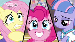 Size: 1920x1080 | Tagged: safe, screencap, fluttershy, pinkie pie, wind sprint, pony, common ground, g4, buckball, discovery family logo, female, filly, foal, mare, split screen, trio, varying degrees of want