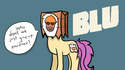 Size: 960x540 | Tagged: safe, artist:bizarre, oc, oc:paper bag, pony, bad disguise, dialogue, disguise, fake cutie mark, mask, not our finest moment, obvious disguise, obvious spy, paper bag, spy, spy (tf2), team fortress 2