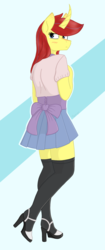 Size: 877x2087 | Tagged: safe, artist:dyonys, derpibooru exclusive, oc, oc only, oc:maya yamato, anthro, blushing, bow, clothes, curved horn, female, high heels, horn, looking back, miniskirt, pleated skirt, shoes, simple background, skirt, socks, stockings, thigh highs