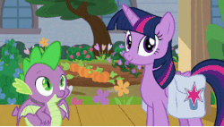 Size: 450x255 | Tagged: safe, screencap, spike, twilight sparkle, alicorn, dragon, pony, g4, the point of no return, animated, claws, duo, female, gif, glowing horn, horn, male, mare, pocket watch, saddle bag, slideshow, twilight sparkle (alicorn), watch, winged spike, wings