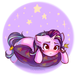 Size: 1077x1072 | Tagged: safe, artist:falafeljake, starlight glimmer, pony, unicorn, blushing, cushion, female, floppy ears, frown, lying down, mare, no nose, pillow, prone, solo, stars