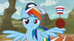 Size: 1920x1080 | Tagged: safe, screencap, rainbow dash, pegasus, pony, common ground, g4, ball, baseball cap, cap, coach rainbow dash, faic, female, hat, hooves, lidded eyes, looking at you, mare, raised eyebrow, smiling, smirk, smug, smugdash, solo, spread wings, whistle, wingboner, wings