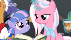 Size: 1920x1080 | Tagged: safe, screencap, clear sky, wind sprint, pony, unicorn, common ground, g4, bedroom eyes, book, drink, duo focus, female, filly, foal, mare, mother and daughter, neckerchief