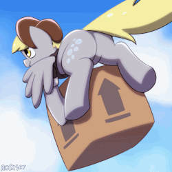 Size: 1200x1200 | Tagged: safe, artist:rockset, derpy hooves, pegasus, pony, g4, season 9, the point of no return, animated, box, bubble butt, butt, cute, derpabetes, featureless crotch, female, flying, frame by frame, mailmare, mailpony, mare, plot, rear view, scene interpretation, solo, the ass was fat, this side up, wing hole