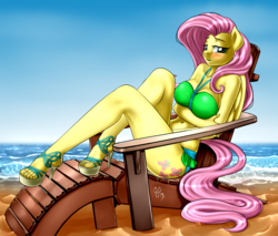 Size: 1000x850 | Tagged: safe, artist:pia-sama, fluttershy, pegasus, anthro, plantigrade anthro, g4, beach, beautiful, beautisexy, big breasts, bikini, blushing, breasts, busty fluttershy, clothes, feet, female, high heels, legs, looking at you, mare, open-toed shoes, sexy, shoes, sky, solo, swimsuit, toes, water