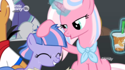 Size: 1920x1080 | Tagged: safe, screencap, clear sky, wind sprint, pony, unicorn, common ground, g4, bedroom eyes, duo focus, eyes closed, female, foal, head pat, like mother like daughter, like parent like child, mare, mother and daughter, neckerchief, pat, smiling