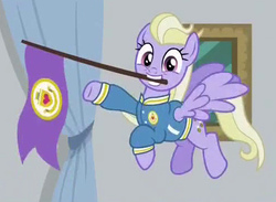 Size: 496x364 | Tagged: safe, screencap, sweet buzz, pegasus, pony, friendship university, g4, background pony, clothes, cropped, female, flag, flying, las pegasus resident, mare, mouth hold, solo