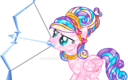 Size: 1024x639 | Tagged: safe, artist:pokeponyeq, ploomette, crystal pegasus, pony, g4, arrow, bow (weapon), bow and arrow, deviantart watermark, female, mare, mouth hold, obtrusive watermark, simple background, solo, transparent background, watermark, weapon