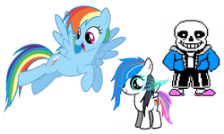 Size: 1284x764 | Tagged: safe, rainbow dash, pegasus, pony, g4, 1000 hours in ms paint, bone, crossover, crossover shipping, female, filly, flying, offspring, parent:rainbow dash, parent:sans (undertale), sans (undertale), shipping, simple background, skeleton, undertale, white background