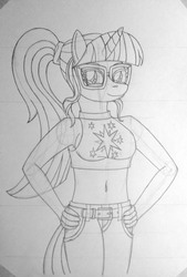 Size: 1428x2115 | Tagged: safe, artist:supra80, sci-twi, twilight sparkle, unicorn, anthro, equestria girls, g4, alternate clothes, belly button, belt, clothes, cutie mark on clothes, female, glasses, hand on hip, jeans, midriff, pants, ponytail, sketch, smiling, solo, tank top, traditional art