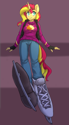 Size: 1340x2428 | Tagged: safe, artist:tigra0118, sunset shimmer, unicorn, anthro, plantigrade anthro, g4, clothes, colored pupils, female, fingerless gloves, gloves, ice skates, jeans, mare, no nose, pants, smiling, solo, sweater, vest
