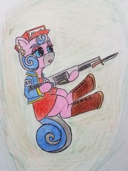 Size: 1504x2016 | Tagged: safe, artist:dice-warwick, oc, oc only, oc:harp melody, original species, pony, fallout equestria, fallout equestria: dance of the orthrus, fallout equestria: desperados, bayonet, boots, ear piercing, earring, fanfic art, gun, jewelry, mirage pony, piercing, red dress, red hat, rifle, shoes, solo, weapon