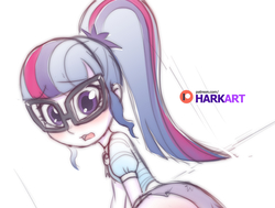 Size: 2000x1513 | Tagged: safe, artist:harkart, sci-twi, twilight sparkle, equestria girls, g4, blushing, clothes, female, glasses, ponytail, skirt, solo