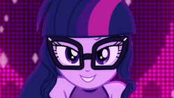 Size: 640x360 | Tagged: safe, screencap, sci-twi, twilight sparkle, equestria girls, equestria girls series, g4, i'm on a yacht, spoiler:eqg series (season 2), cropped, cute, female, glasses, lidded eyes, looking at you, neon eg logo, sleeveless, smiling, solo, twiabetes