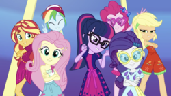 Size: 1334x750 | Tagged: safe, screencap, applejack, fluttershy, pinkie pie, rainbow dash, rarity, sci-twi, sunset shimmer, twilight sparkle, equestria girls, g4, i'm on a yacht, my little pony equestria girls: better together, female, humane five, humane seven, humane six, lidded eyes, looking at you, sleeveless