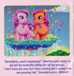 Size: 1280x1309 | Tagged: safe, edit, serendipity, sparkleworks, butterfly, pony, g3, official, book, cloud, duo, heart, heart eyes, holding hooves, looking at each other, out of context, riding, scan, shipping fuel, whoosh, wingding eyes