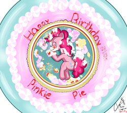 Size: 2800x2500 | Tagged: safe, artist:asajiopie01, pinkie pie, g4, birthday cake, cake, eating, food, happy birthday, high res, overeating