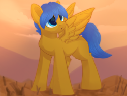 Size: 1237x930 | Tagged: safe, artist:alphadesu, oc, oc only, oc:crushingvictory, pegasus, pony, dead grass, fluffy, looking up, orange background, simple background, solo, spread wings, wasteland, wings
