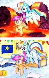 Size: 2650x4197 | Tagged: safe, artist:liaaqila, rainbow dash, scootaloo, pegasus, pony, g4, cute, cutealoo, dashabetes, playing, room, scootalove, tail hold, the floor is lava, traditional art, volcano