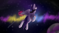Size: 3840x2160 | Tagged: safe, artist:chibadeer, oc, oc only, oc:vylet featherdance, pegasus, pony, homeward (album), starship ponyville, vylet pony, abstract background, bracelet, ear piercing, glasses, high res, jewelry, nonbinary, piercing, rear view, solar system, solo, space, spread wings, wings