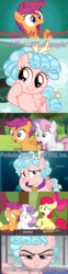 Size: 800x3215 | Tagged: safe, artist:alphamonouryuuken, edit, edited screencap, screencap, apple bloom, cozy glow, scootaloo, sweetie belle, pegasus, pony, appleoosa's most wanted, brotherhooves social, g4, parental glideance, school raze, adorabolical, comic, cozy glow is best facemaker, cozybetes, cute, cutie mark crusaders, door, evil smile, female, filly, foal, grin, inverted mouth, lidded eyes, looking at you, open mouth, pure concentrated unfiltered evil of the utmost potency, pure unfiltered evil, reaction image, screencap comic, shocked, smiling, yugioh abridged