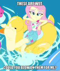 Size: 600x713 | Tagged: safe, edit, edited screencap, screencap, fluttershy, equestria girls, g4, i'm on a yacht, my little pony equestria girls: better together, animaniacs, caption, feet, female, fetish, flutterfeet, foot fetish, foot focus, geode of fauna, image macro, magical geodes, memeful.com, minerva mink, soles, solo, text, toes, wiggling toes
